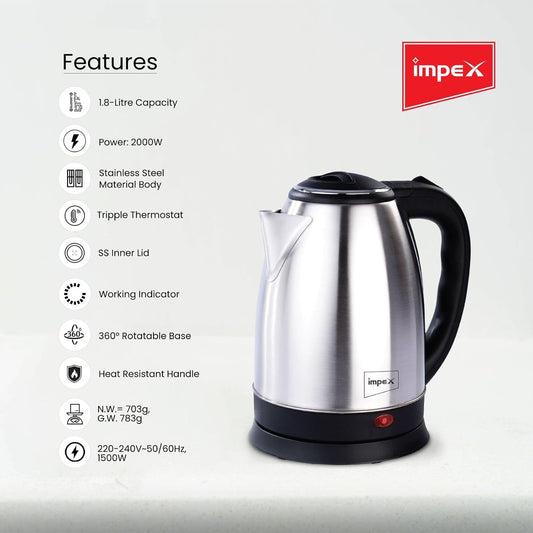 Impe X STEAMER 1803 1500W 1.8 Liter Stainless Steel Electric Kettle