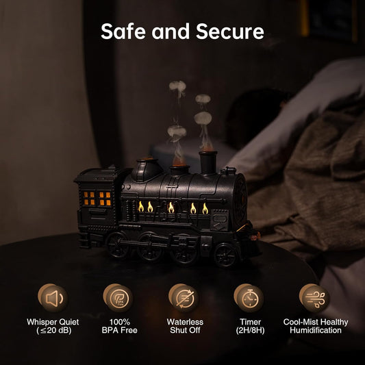 “Steam Train Shaped Essential Oil Flame Diffuser with LED Flame Lights & Cool Mist Humidifier”