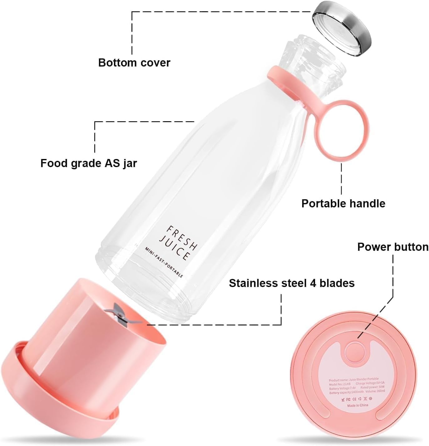 Portable Blender Bottle – USB Rechargeable Smoothie Maker, Mini Juicer Cup for Fresh Juice, Shakes & Smoothies (350ml)