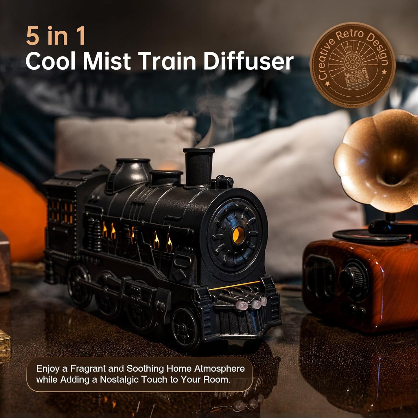 “Steam Train Shaped Essential Oil Flame Diffuser with LED Flame Lights & Cool Mist Humidifier”