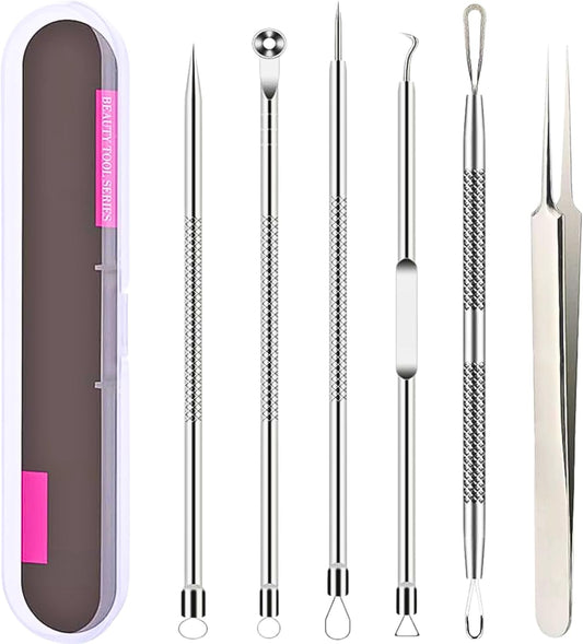 6 PCS Blackhead Remover Comedone Extractor Acne Needle Tools Set Professional Stainless Blackhead Tweezer Kit Removing Whitehead Popping Zit for Nose Face Skin Blemish Treatment Pimple Popper Tool Kit