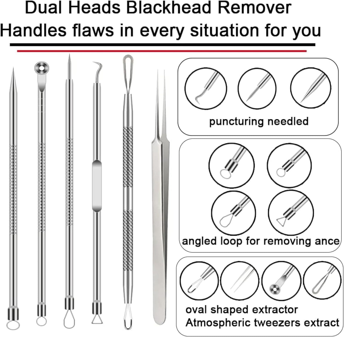 6 PCS Blackhead Remover Comedone Extractor Acne Needle Tools Set Professional Stainless Blackhead Tweezer Kit Removing Whitehead Popping Zit for Nose Face Skin Blemish Treatment Pimple Popper Tool Kit