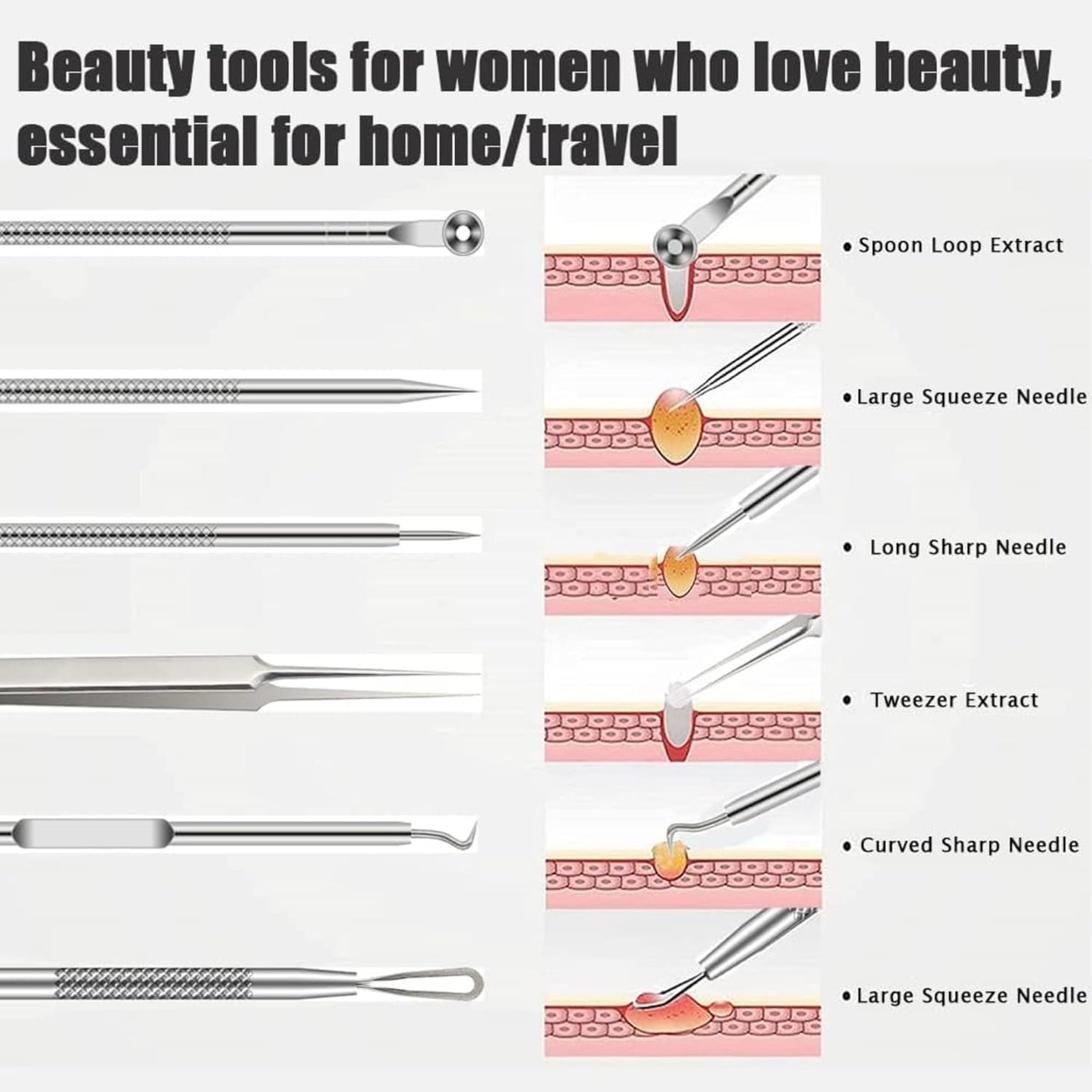 6 PCS Blackhead Remover Comedone Extractor Acne Needle Tools Set Professional Stainless Blackhead Tweezer Kit Removing Whitehead Popping Zit for Nose Face Skin Blemish Treatment Pimple Popper Tool Kit