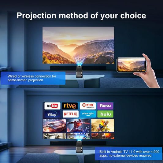 HY320 Mini Projector, Portable 1080P Projector with WiFi and Bluetooth, Smart Projector with Android 11, Auto Keystone Correction, 180° Rotatable Home Theater Projector for Phone/TV