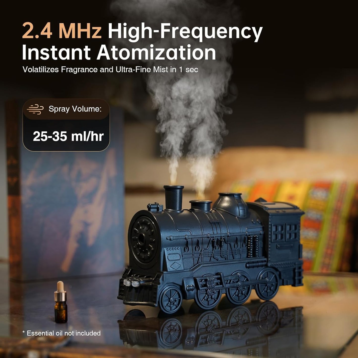 “Steam Train Shaped Essential Oil Flame Diffuser with LED Flame Lights & Cool Mist Humidifier”